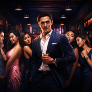A man of culture surrounded by beautiful Asian women while holding a drink.