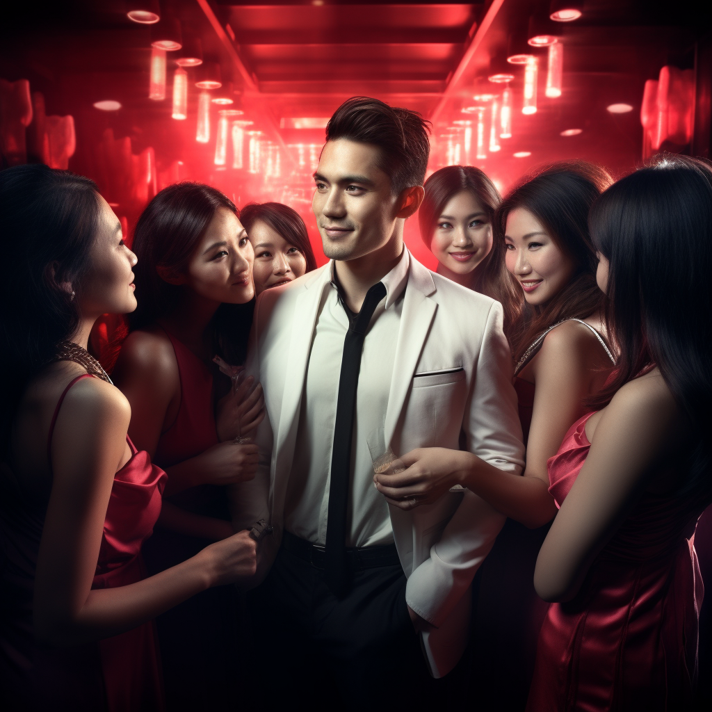 A gentleman surrounded by ladies with red lights in the background