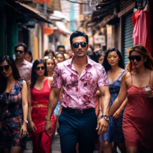 A man of culture walks through a soi surrounded by beautiful ladies.