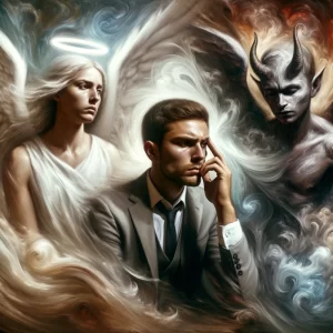 An angel and demon shroud a man in his thoughts.