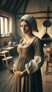 A concerned expecting mother wearing 12th century European peasant garb.