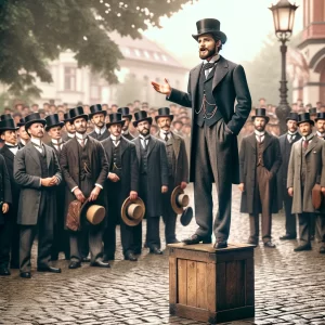 A gentleman with a tophat stands atop a soapbox telling other gentleman another way is possible.