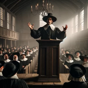 A puritan minister addresses his 17th century congregation with a message of hellfire and brimstone.