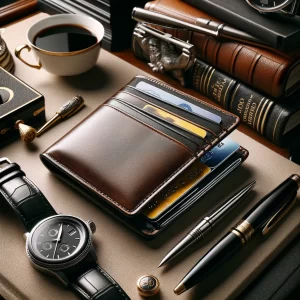 An RFID blocking Wallet on a stack of books next to a watch and some pens. 