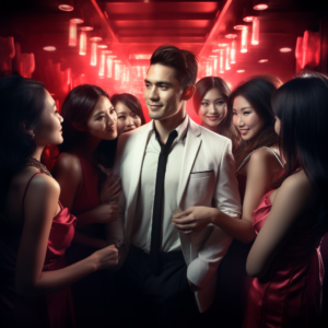 Man surrounded by women.