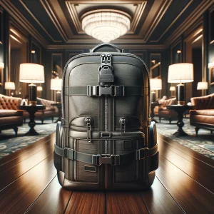 A travel backpack on a wooten floor inside a gentleman's lounge.