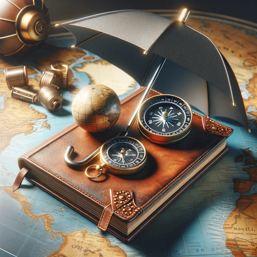 traveller's gear and a map on a table. An umbrella (black), a leatherbound book, a small globe atop the book and two compasses. 