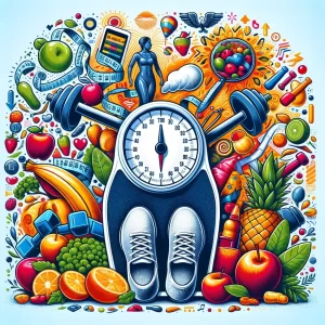 an image illustrating all of the sort of things needed for weight loss with a scale in the center.