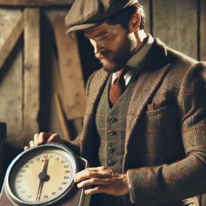 A rustic gent holding a scale.