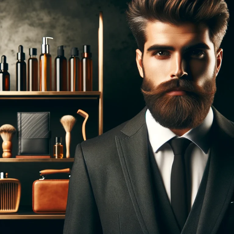 A well groomed bearded gent with styling products in the backdrop.
