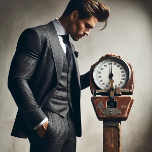 Gentleman looking at a rustic weight scale