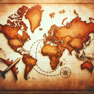 A rustic map of the world with a plane.