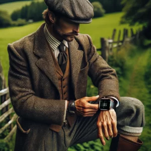 A rustic gentleman looking at his smart watch.