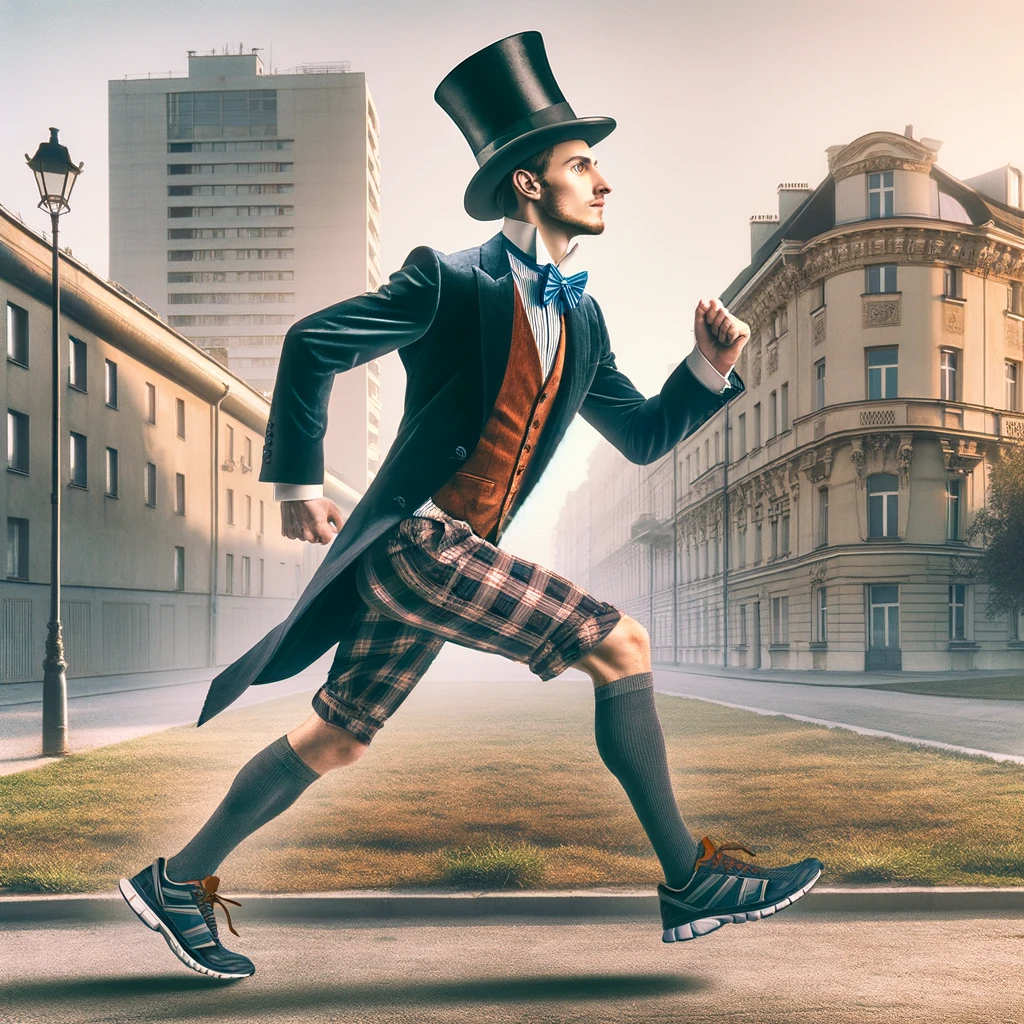 A gent is jogging through a city