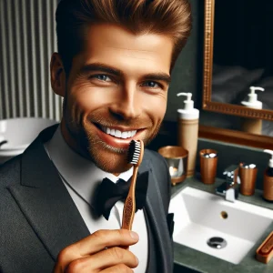 A gent holding a toothbrush near a sink and smiling