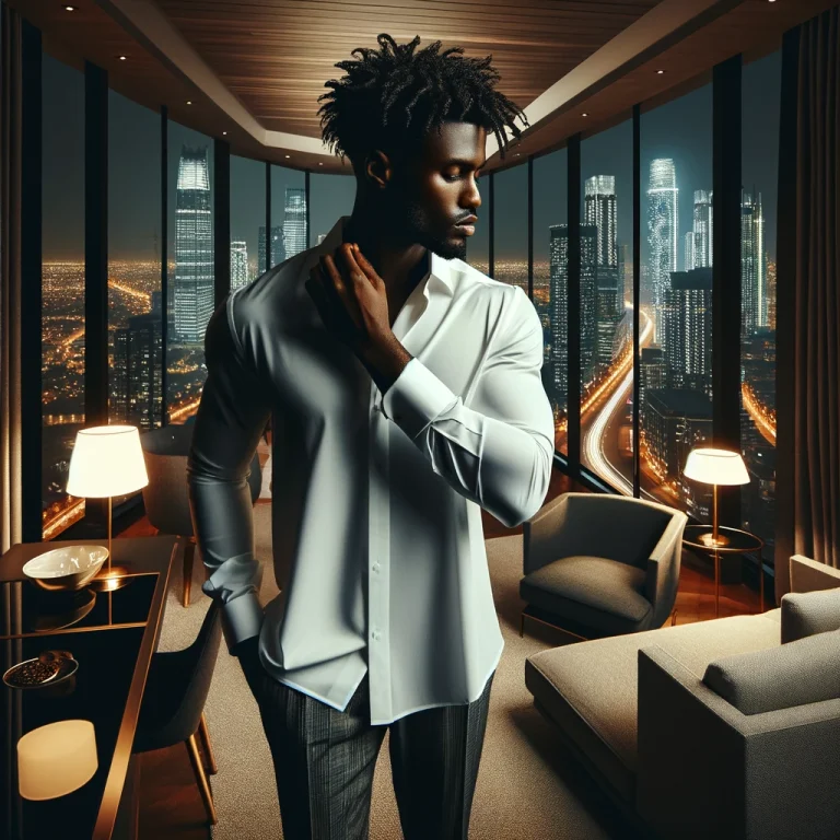 A well groomed gentleman in his penthouse hotel overlooking the city nightscape.