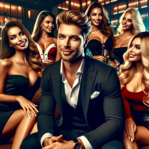 A handsome gent surrounded by beautiful ladies looking at him with adoration.