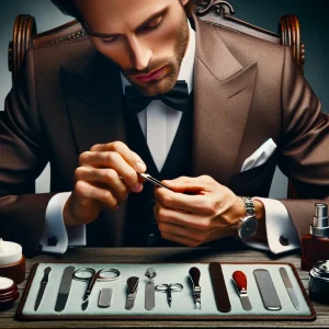 A gentleman is sitting grooming his nails with nail care tools before him.