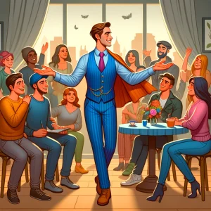 A pansexual gentleman with a room full of friends.