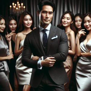 A sharp dressed Asian gentleman is surrounded by beautiful women who adore him in his stylish suit.