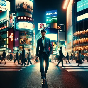 A gentleman walking through Shibuya at night.
