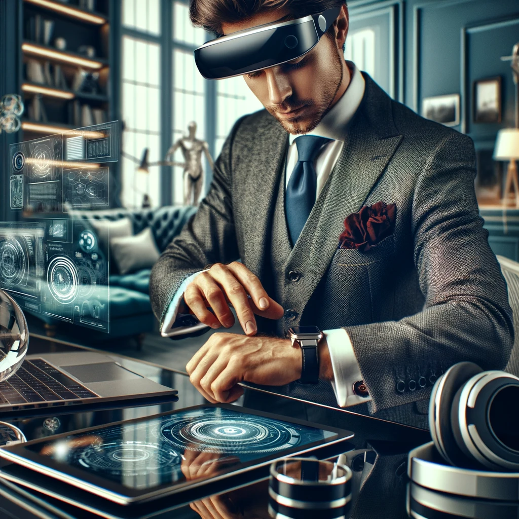 A gent looking at his gadgets in a futuristic setting.