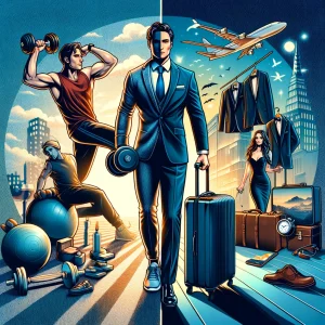 A collage of a gentleman traveller balancing exercise, nightlife and exploring.
