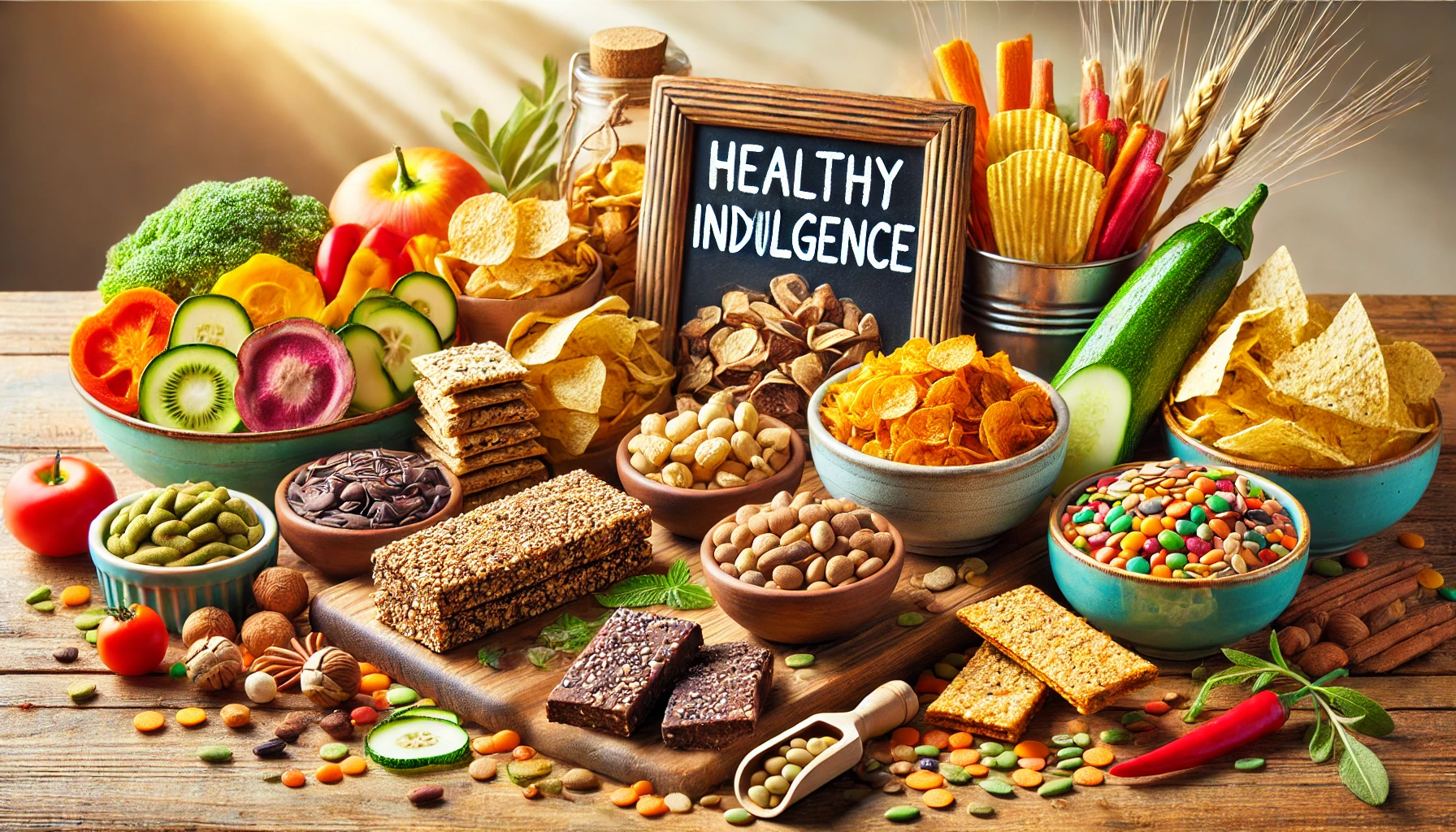 Healthy indulgence represented by a variety of snacks including legumes, grains, chocolate, ,etc.